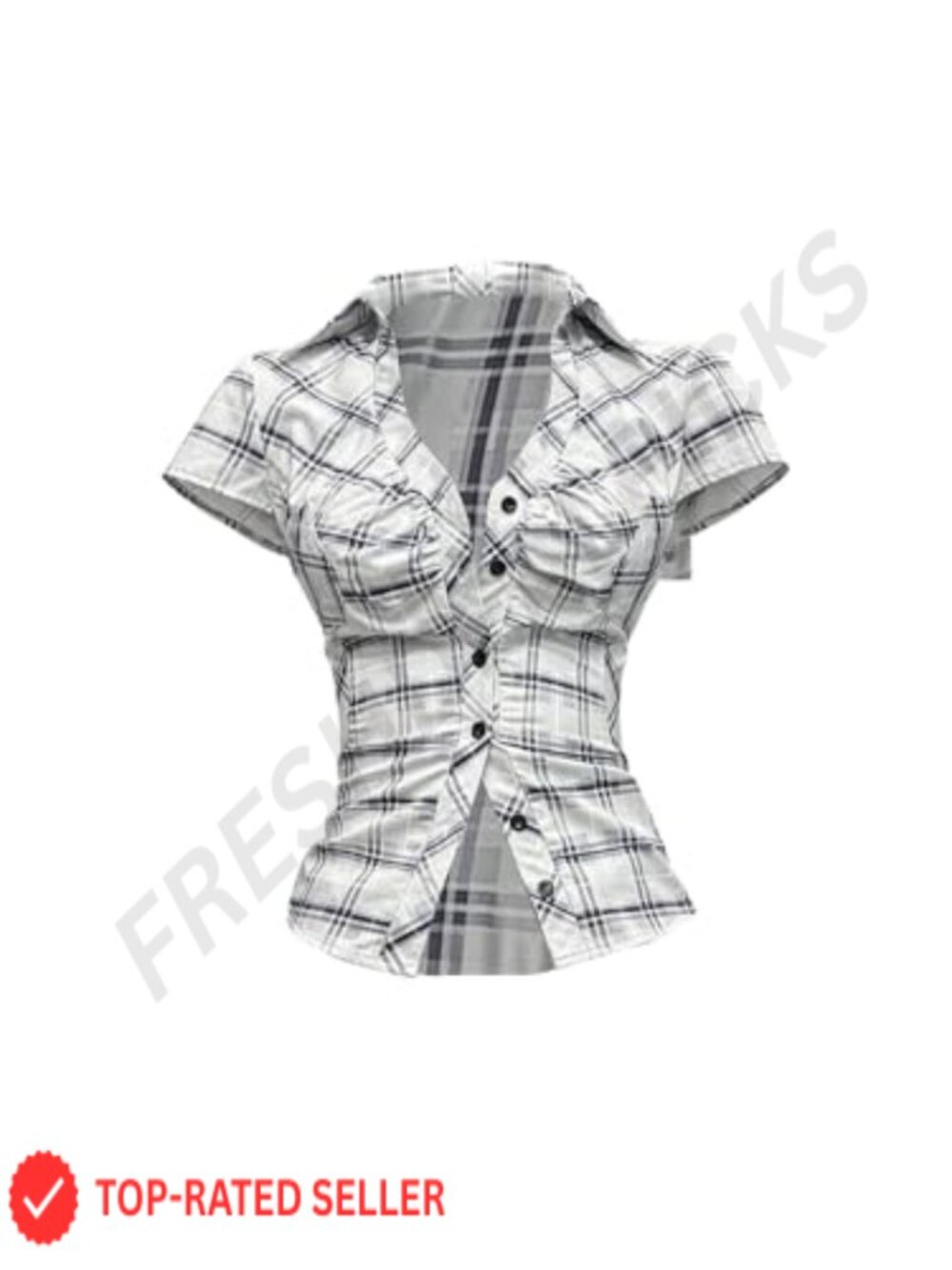 SweatyRocks Women's Plaid Button Down Short Sleeve Slim Fit Ruched V-Neck Blouse